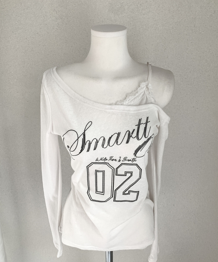 レースアンバランスVネックオフショルTシャツ