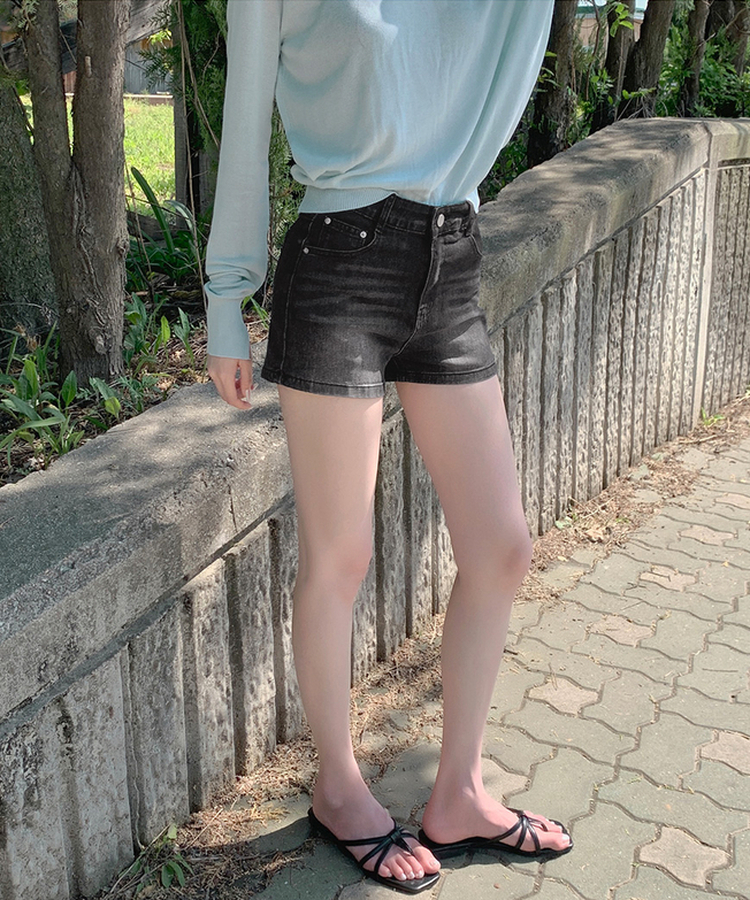 2XL골반뽕 탈부착 스판 데님 숏팬츠 반바지 블랙