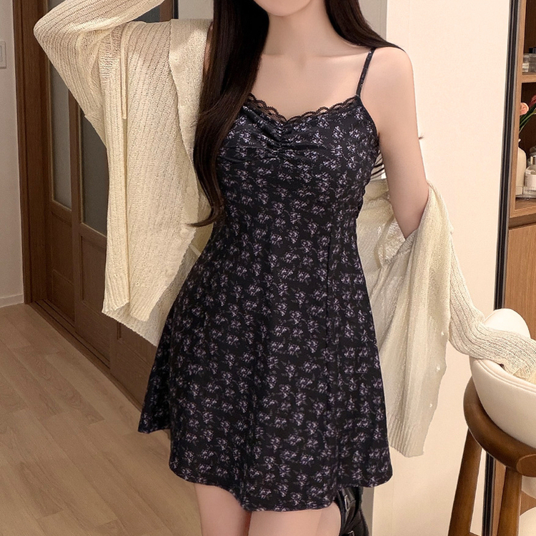 レースハートネック花柄キャミワンピース BLACK
