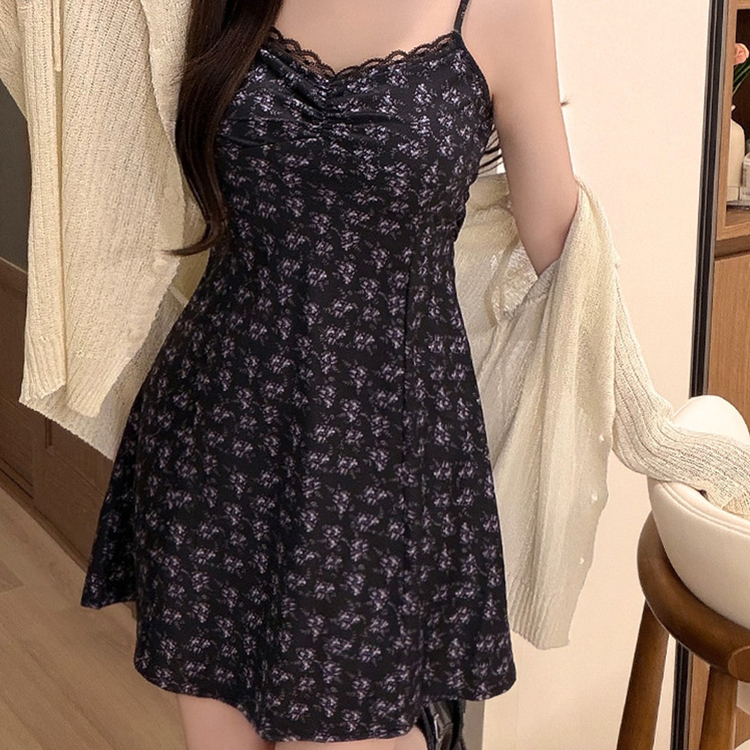 レースハートネック花柄キャミワンピース BLACK