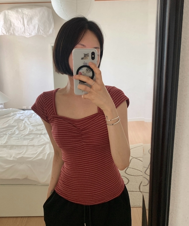 ストライプスリムキャップスリーブTシャツ(5color) RED
