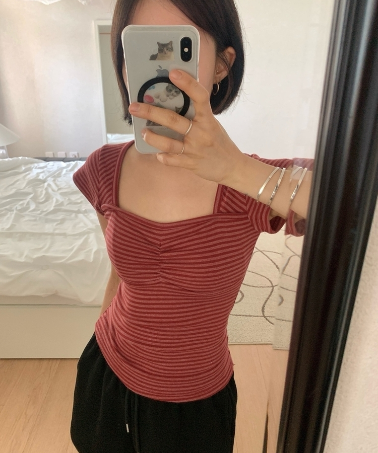 ストライプスリムキャップスリーブTシャツ(5color) RED