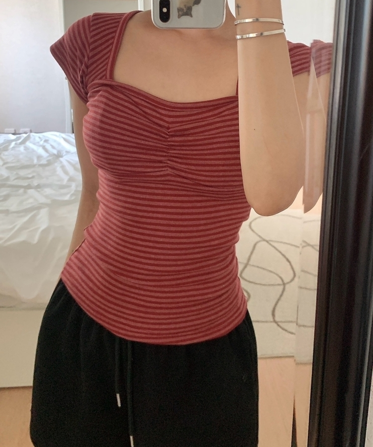 ストライプスリムキャップスリーブTシャツ(5color) RED