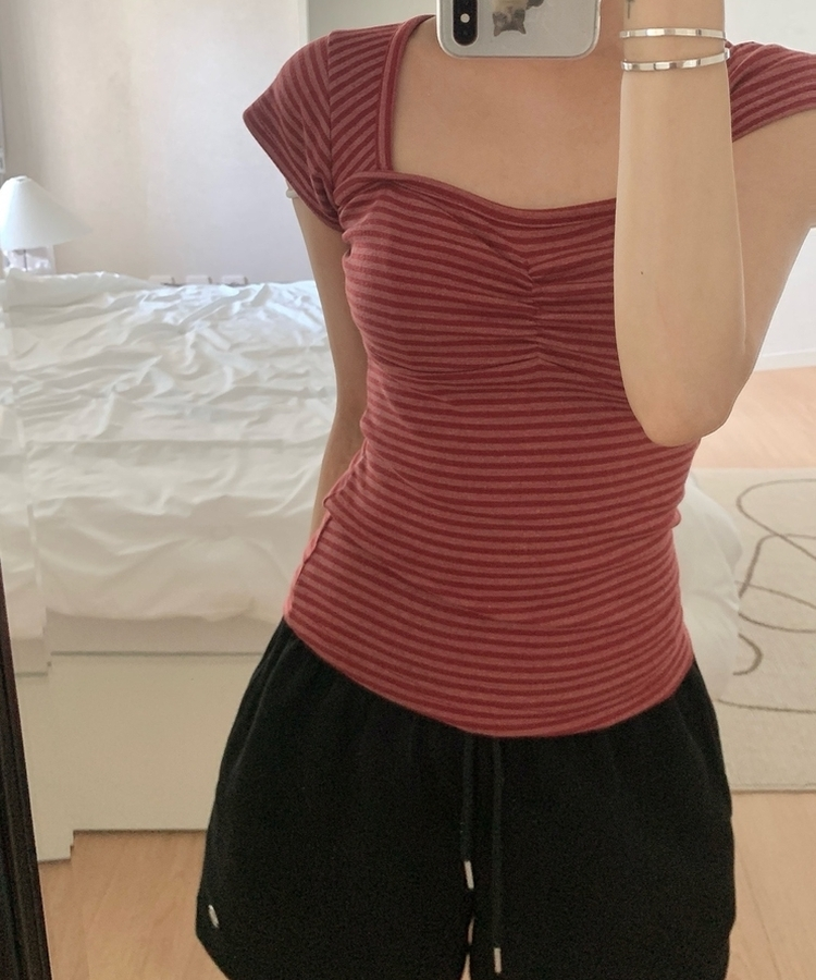 ストライプスリムキャップスリーブTシャツ(5color) RED