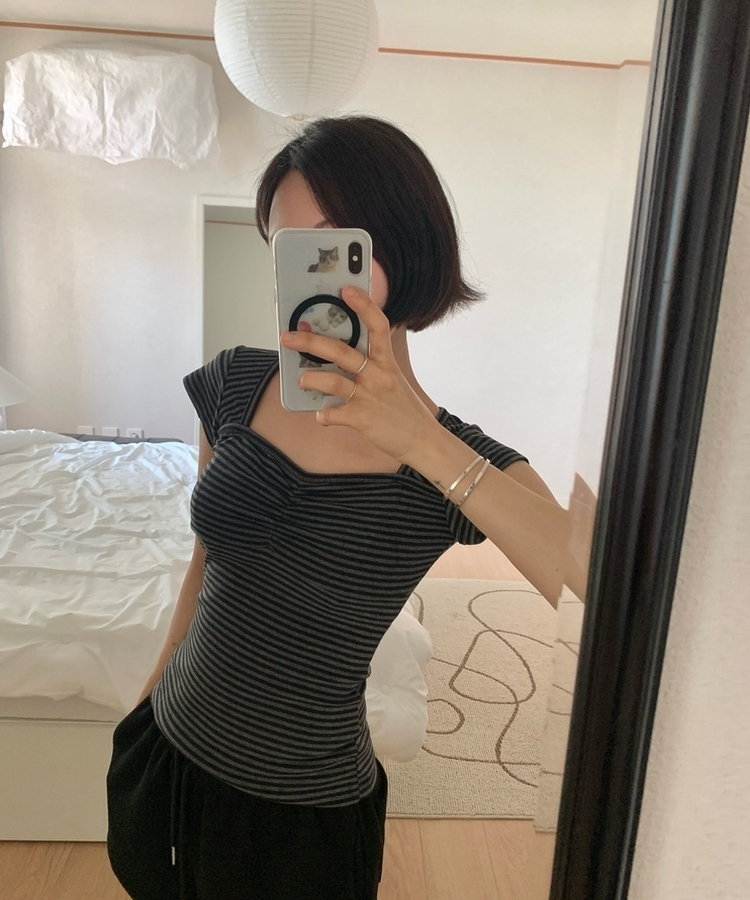 ストライプスリムキャップスリーブTシャツ(5color) CHARCOAL