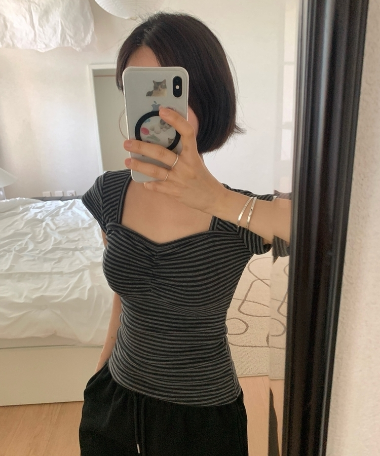 ストライプスリムキャップスリーブTシャツ(5color) CHARCOAL