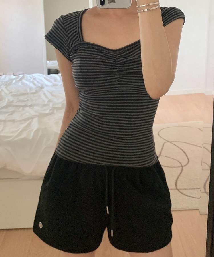 ストライプスリムキャップスリーブTシャツ(5color) CHARCOAL