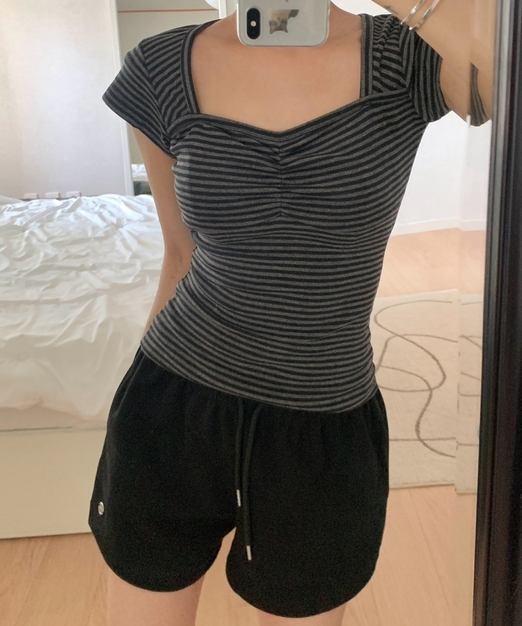 ストライプスリムキャップスリーブTシャツ(5color) CHARCOAL