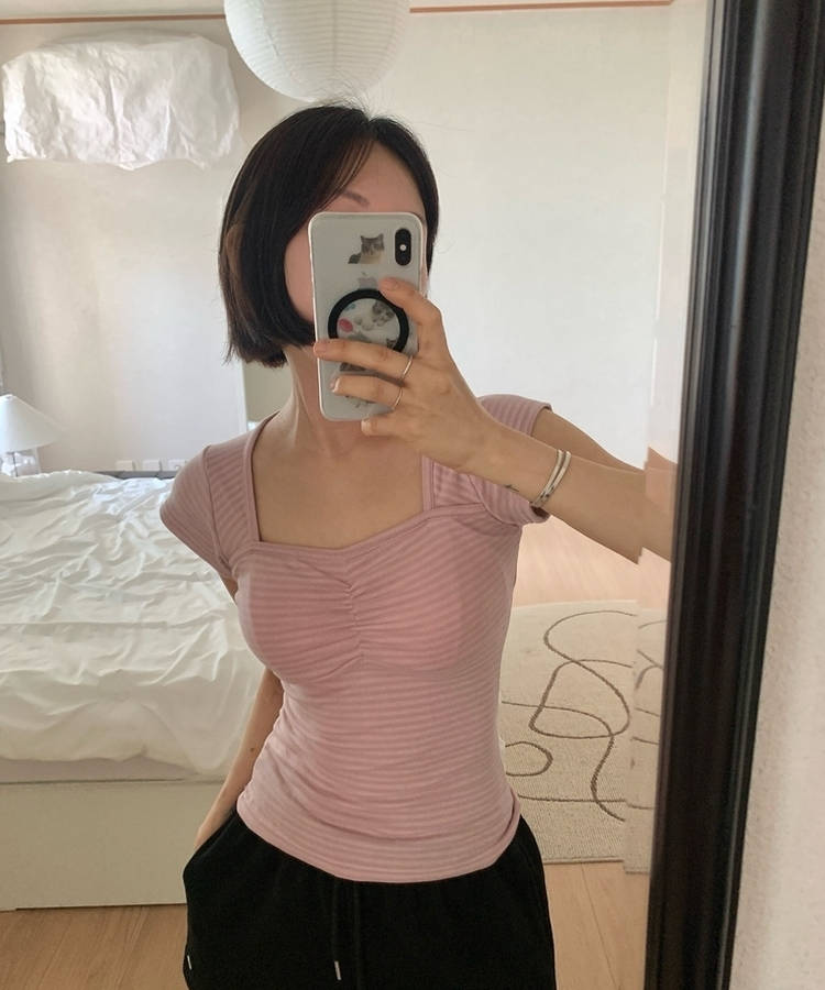 ストライプスリムキャップスリーブTシャツ(5color) PINK