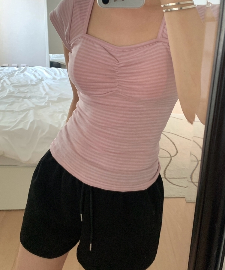 ストライプスリムキャップスリーブTシャツ(5color) PINK