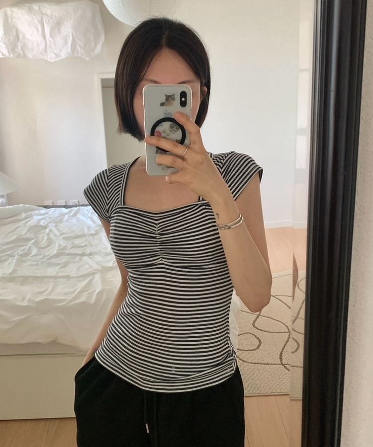 ストライプスリムキャップスリーブTシャツ(5color) MELANGE
