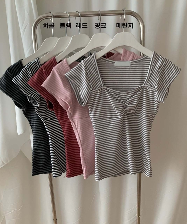 ストライプスリムキャップスリーブTシャツ(5color)