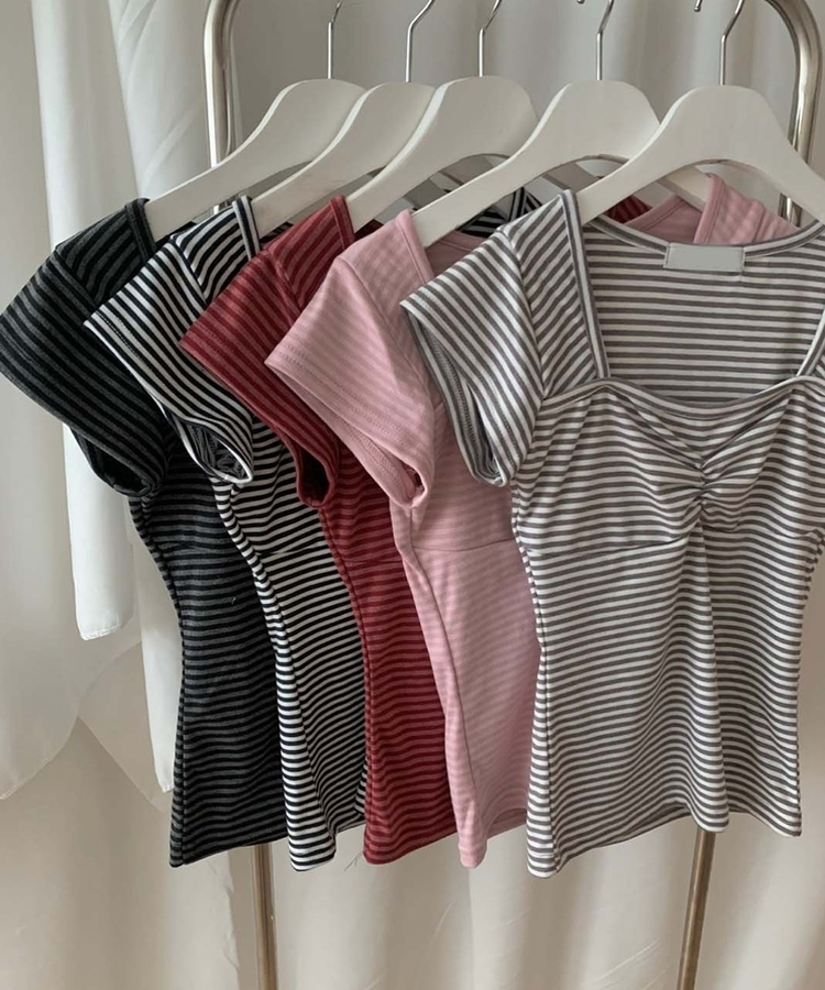 ストライプスリムキャップスリーブTシャツ(5color)