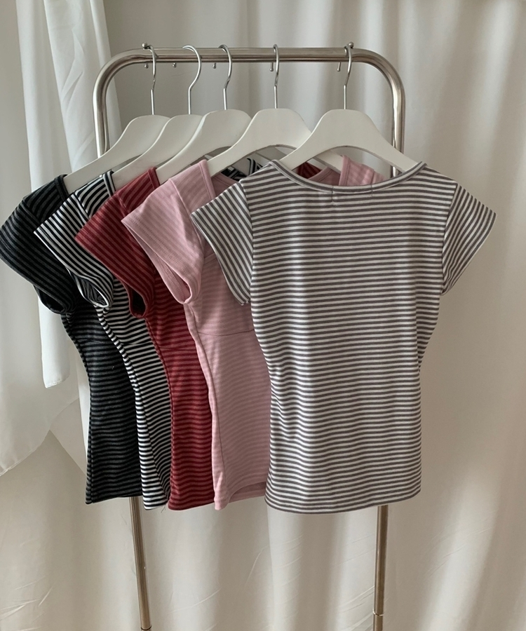 ストライプスリムキャップスリーブTシャツ(5color)