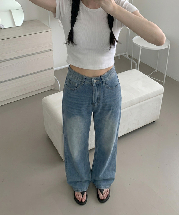 【丈別】ウォッシングフレアワイドデニムパンツ MID DENIM