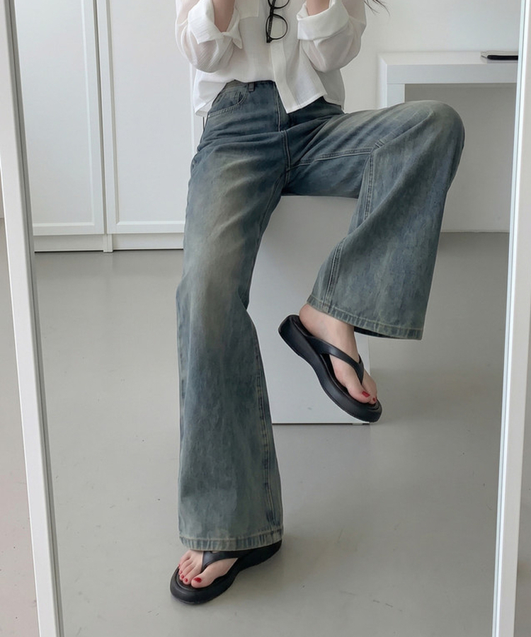 【丈別】ウォッシングフレアワイドデニムパンツ DEEP DENIM
