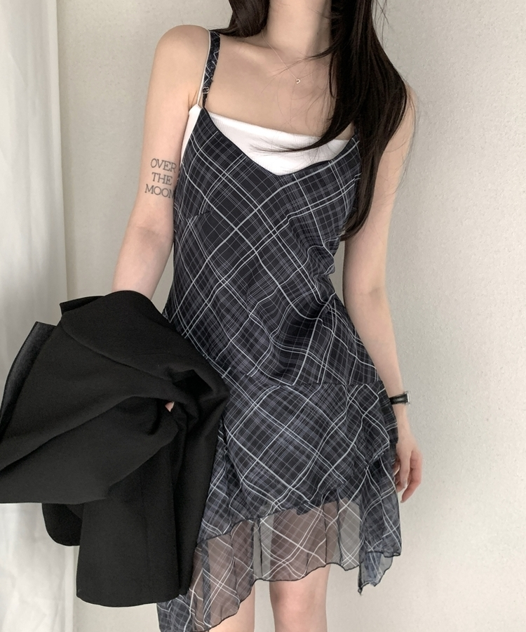 アンバランスフレアチェックキャミワンピース NAVY