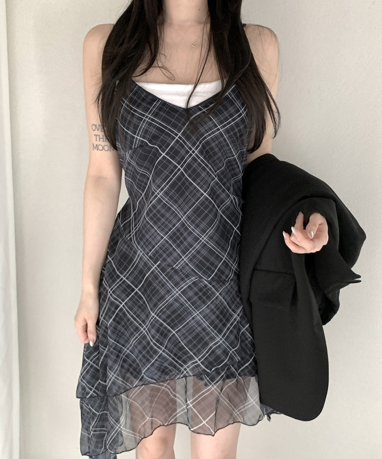 アンバランスフレアチェックキャミワンピース NAVY