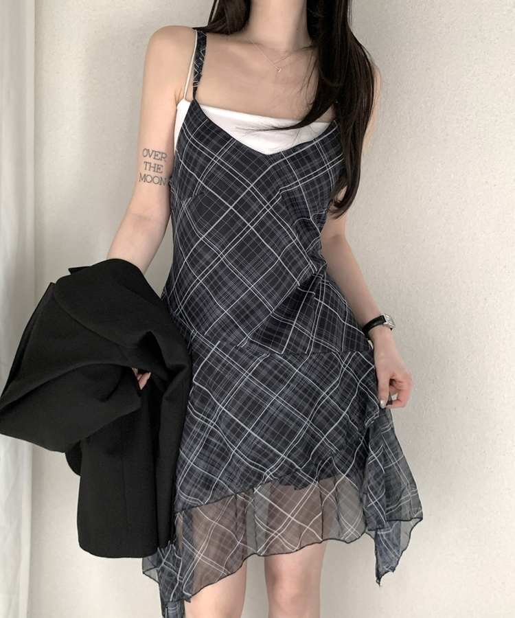 アンバランスフレアチェックキャミワンピース NAVY
