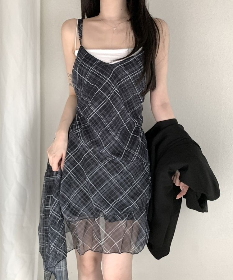 アンバランスフレアチェックキャミワンピース NAVY