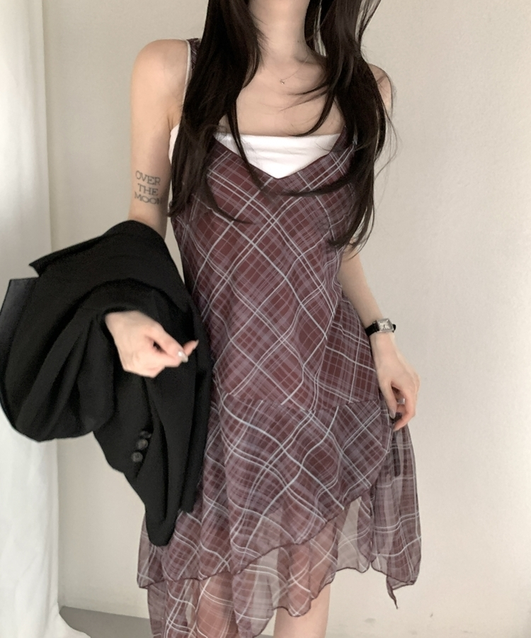 アンバランスフレアチェックキャミワンピース WINE