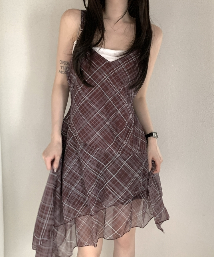アンバランスフレアチェックキャミワンピース WINE