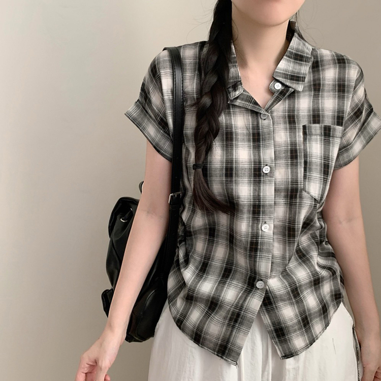 코미 체크 허리 셔링 스트링 크롭 롤업 셔츠 여름 상의 블랙