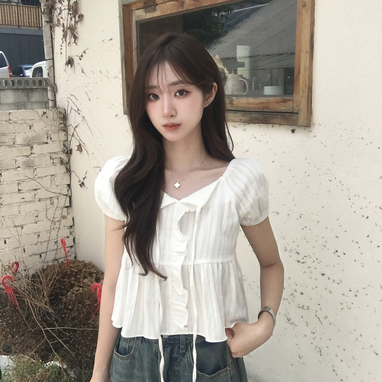 크리밍 프릴 리본 펀칭 여름 반팔 블라우스 세미 크롭 데일리 상의 스트링 셔링 셔츠 하객룩 퍼프 잔스트라이프 반팔티 4color 아이보리