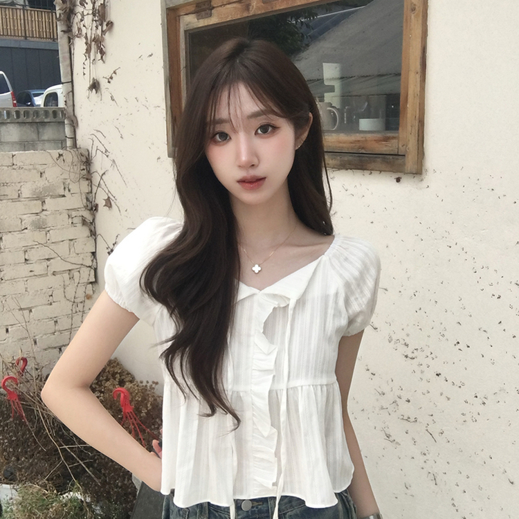 크리밍 프릴 리본 펀칭 여름 반팔 블라우스 세미 크롭 데일리 상의 스트링 셔링 셔츠 하객룩 퍼프 잔스트라이프 반팔티 4color 아이보리