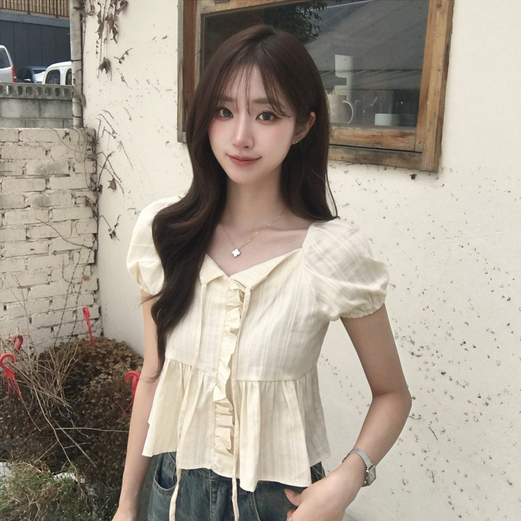 크리밍 프릴 리본 펀칭 여름 반팔 블라우스 세미 크롭 데일리 상의 스트링 셔링 셔츠 하객룩 퍼프 잔스트라이프 반팔티 4color 크림