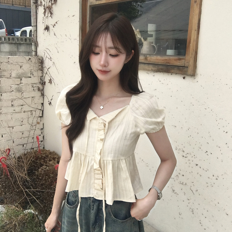 크리밍 프릴 리본 펀칭 여름 반팔 블라우스 세미 크롭 데일리 상의 스트링 셔링 셔츠 하객룩 퍼프 잔스트라이프 반팔티 4color 크림