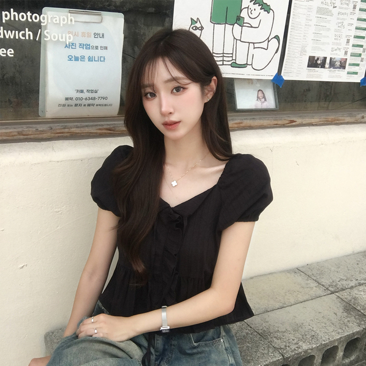 크리밍 프릴 리본 펀칭 여름 반팔 블라우스 세미 크롭 데일리 상의 스트링 셔링 셔츠 하객룩 퍼프 잔스트라이프 반팔티 4color 블랙