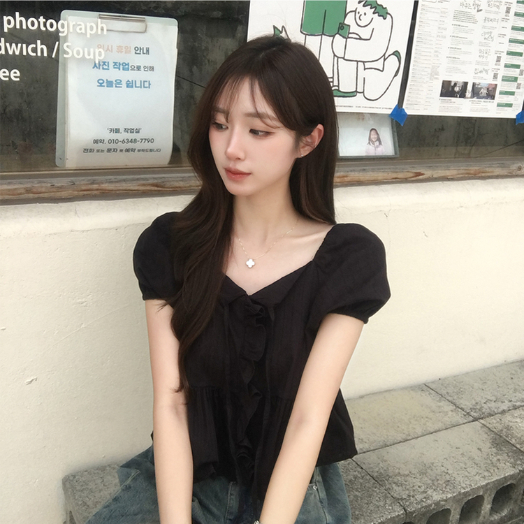 크리밍 프릴 리본 펀칭 여름 반팔 블라우스 세미 크롭 데일리 상의 스트링 셔링 셔츠 하객룩 퍼프 잔스트라이프 반팔티 4color 블랙