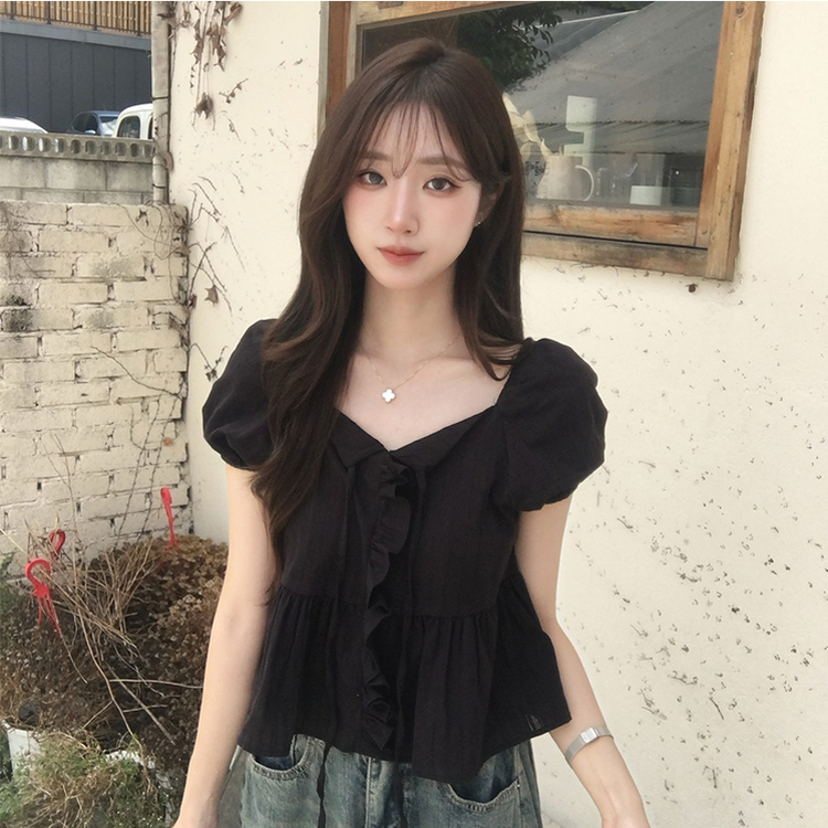 크리밍 프릴 리본 펀칭 여름 반팔 블라우스 세미 크롭 데일리 상의 스트링 셔링 셔츠 하객룩 퍼프 잔스트라이프 반팔티 4color 블랙