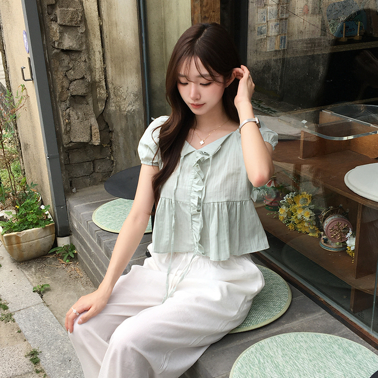 크리밍 프릴 리본 펀칭 여름 반팔 블라우스 세미 크롭 데일리 상의 스트링 셔링 셔츠 하객룩 퍼프 잔스트라이프 반팔티 4color 민트