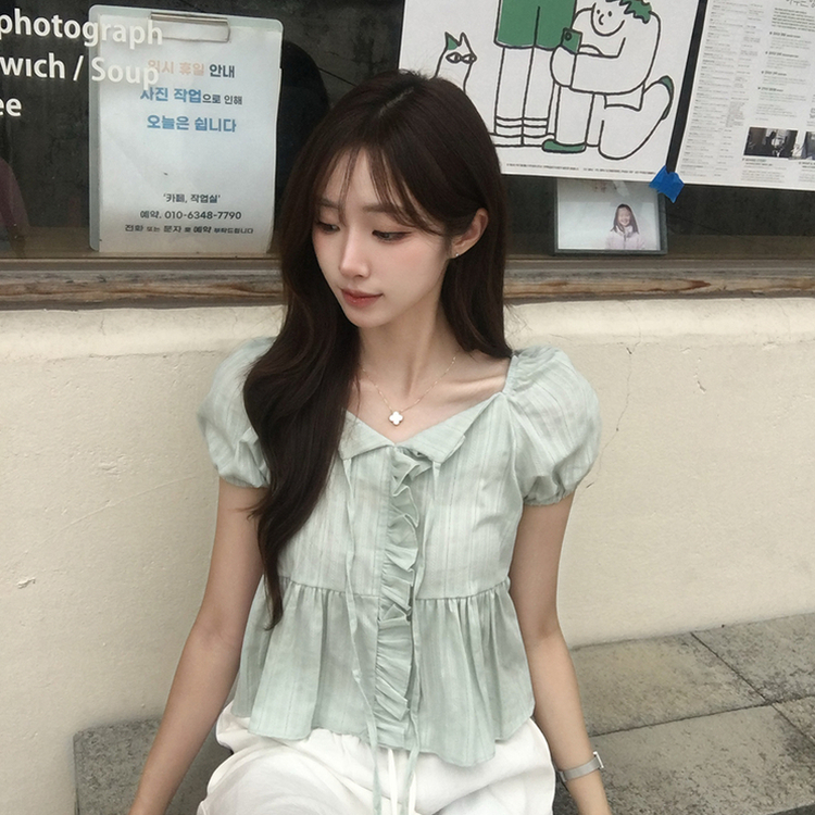 크리밍 프릴 리본 펀칭 여름 반팔 블라우스 세미 크롭 데일리 상의 스트링 셔링 셔츠 하객룩 퍼프 잔스트라이프 반팔티 4color 민트