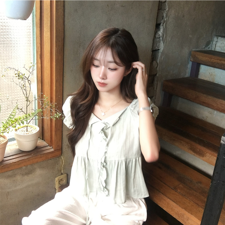 크리밍 프릴 리본 펀칭 여름 반팔 블라우스 세미 크롭 데일리 상의 스트링 셔링 셔츠 하객룩 퍼프 잔스트라이프 반팔티 4color 민트