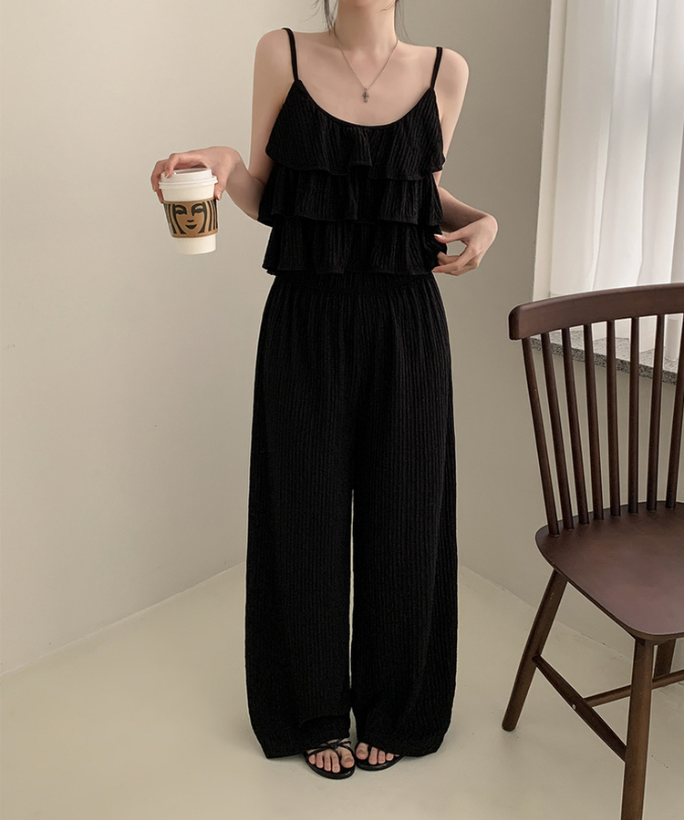 【SET】ティアードフリルキャミソール ワイドパンツ BLACK
