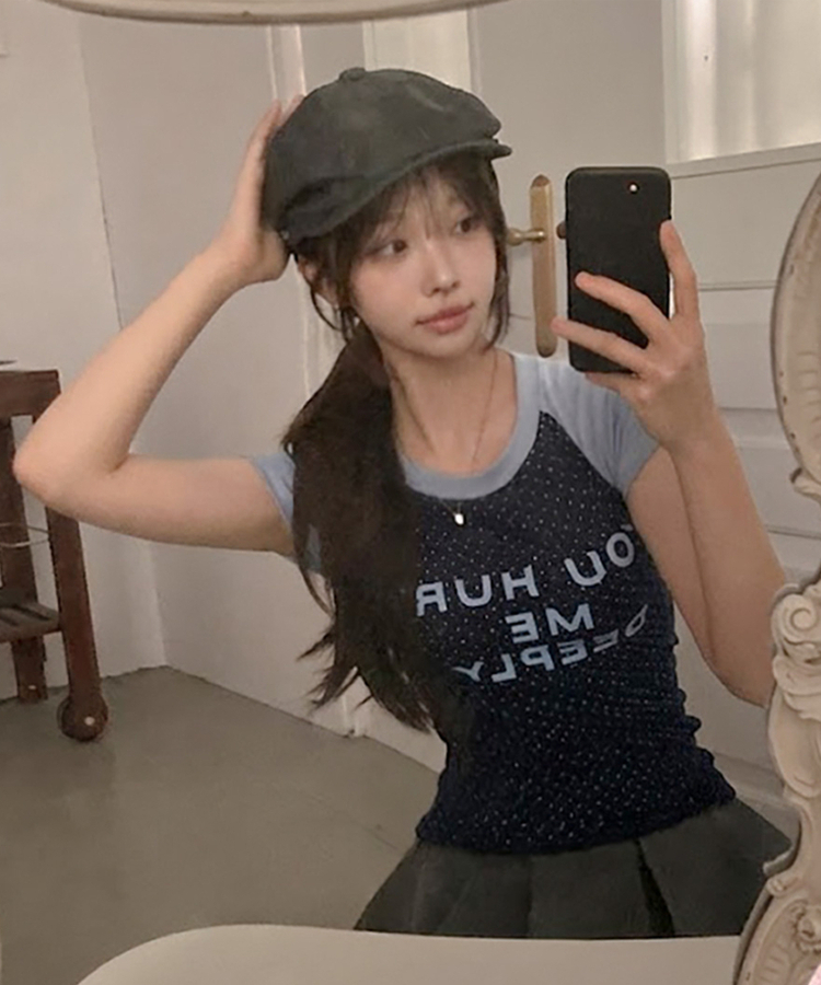 유유 나그랑 도트 배색 반팔 티셔츠 네이비