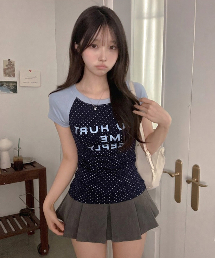 유유 나그랑 도트 배색 반팔 티셔츠 네이비