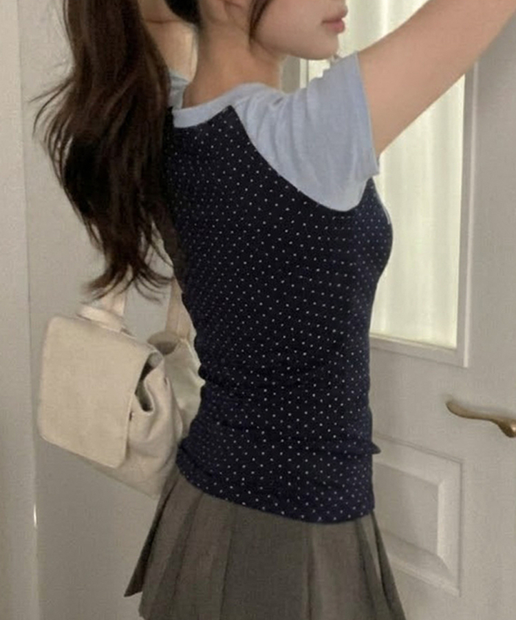 유유 나그랑 도트 배색 반팔 티셔츠 네이비