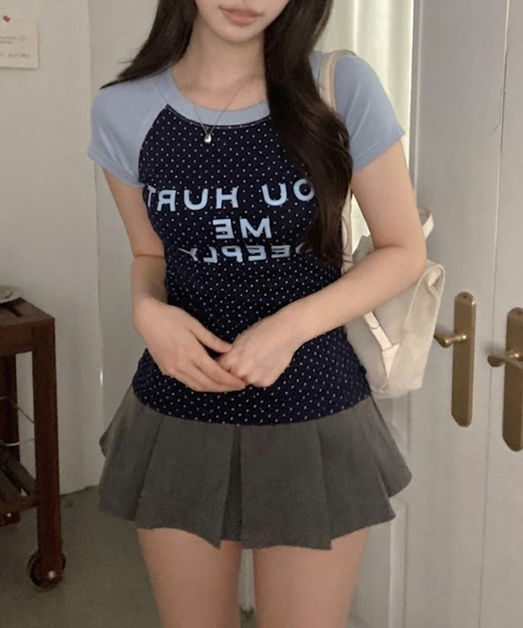 유유 나그랑 도트 배색 반팔 티셔츠 네이비