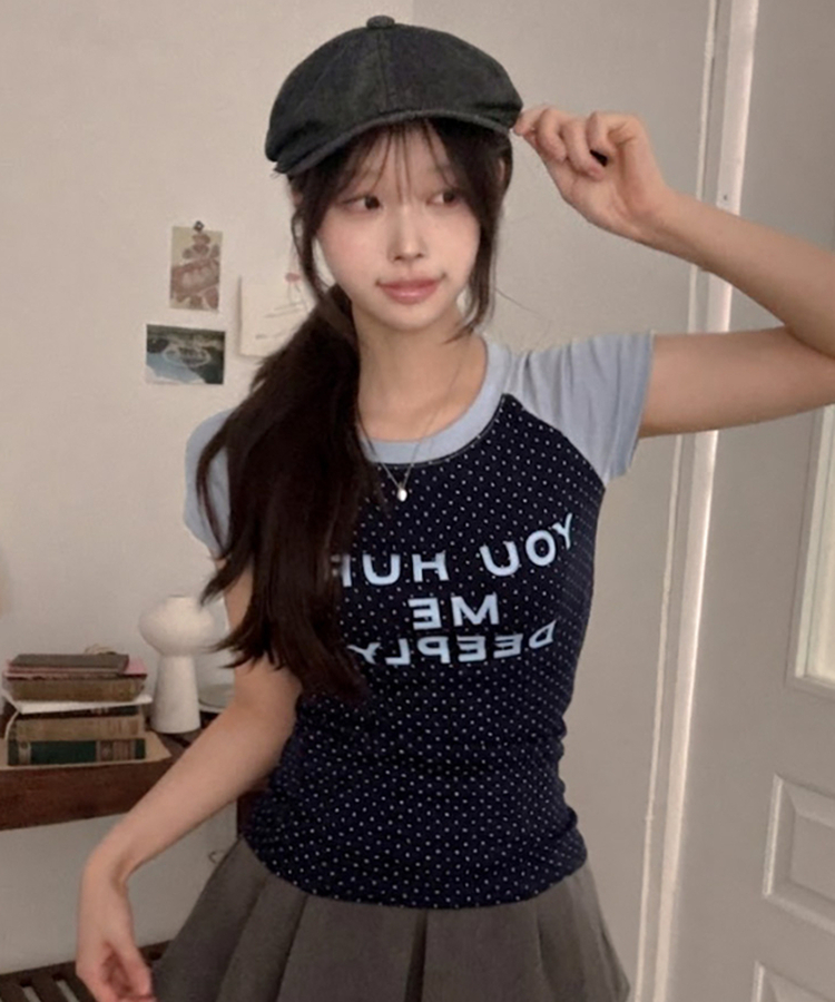유유 나그랑 도트 배색 반팔 티셔츠 네이비
