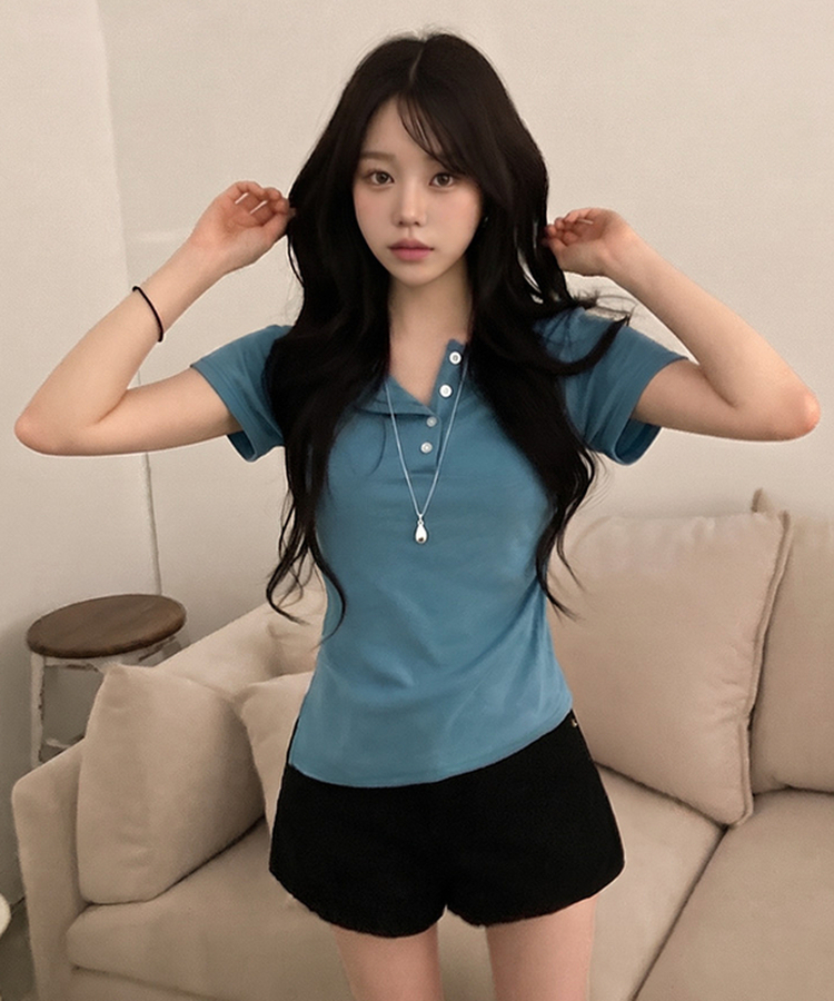 썸머 듀크 버튼 사이드 트임 옆셔링 반팔 티셔츠 아쿠아