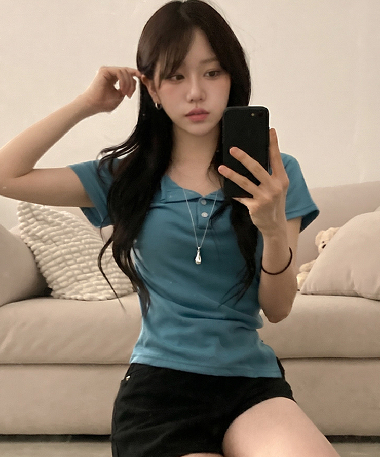 썸머 듀크 버튼 사이드 트임 옆셔링 반팔 티셔츠 아쿠아