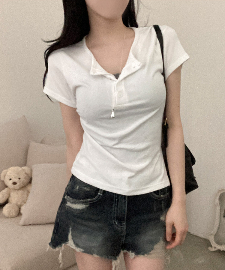 썸머 듀크 버튼 사이드 트임 옆셔링 반팔 티셔츠 아이보리