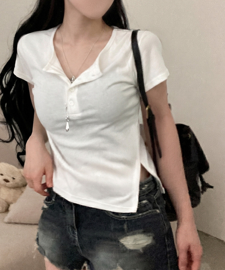 썸머 듀크 버튼 사이드 트임 옆셔링 반팔 티셔츠 아이보리