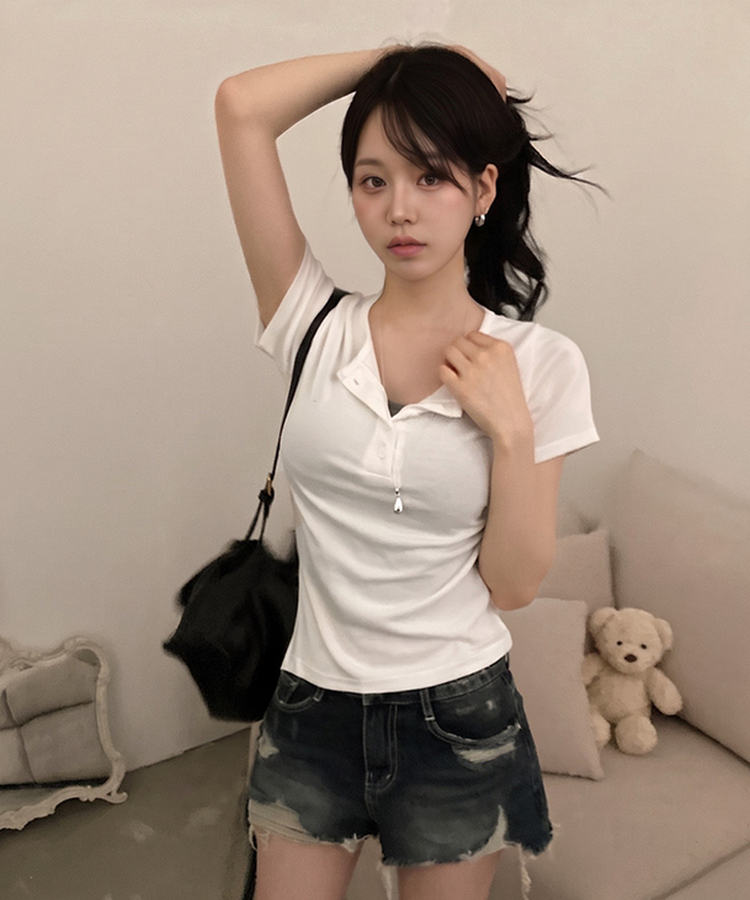썸머 듀크 버튼 사이드 트임 옆셔링 반팔 티셔츠 아이보리