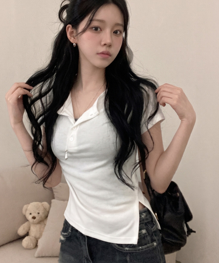 썸머 듀크 버튼 사이드 트임 옆셔링 반팔 티셔츠 아이보리