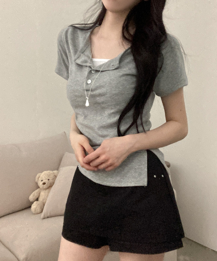 썸머 듀크 버튼 사이드 트임 옆셔링 반팔 티셔츠 그레이
